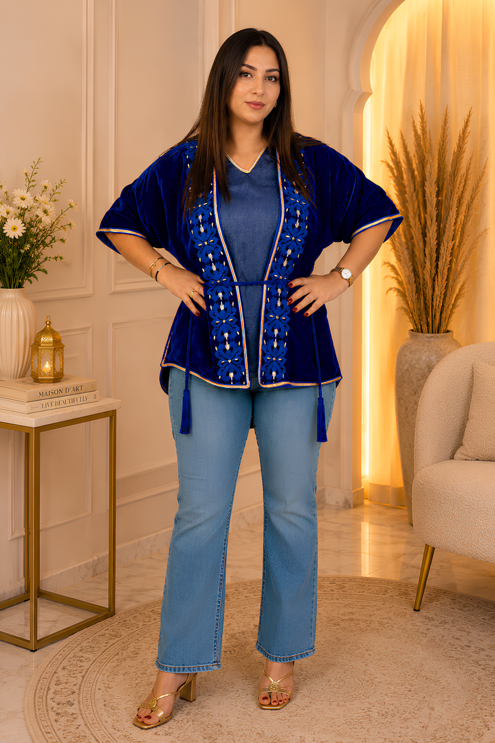 Royal Blue Velvet Embroidered Kimono