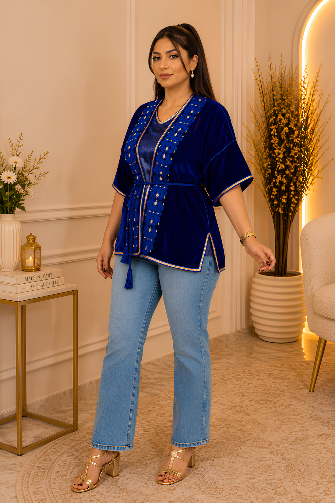 Royal Blue Velvet Embroidered Kimono